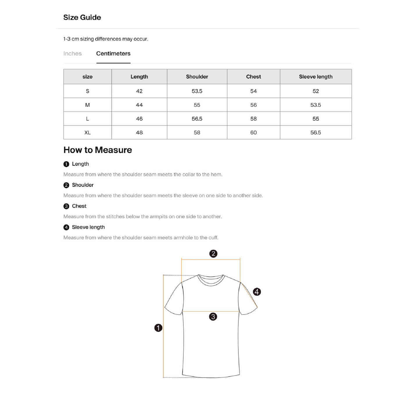 Size guide table