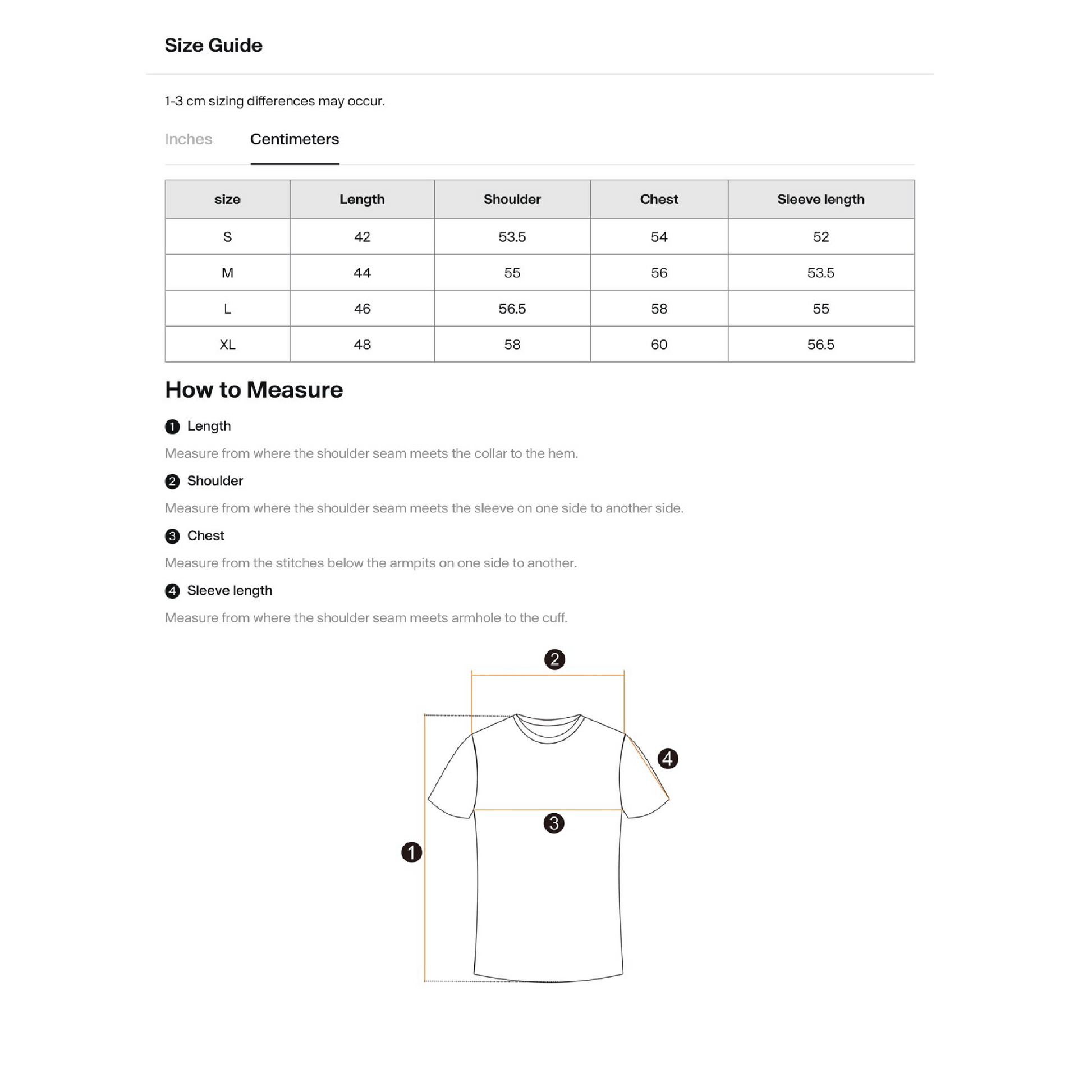 Size guide table
