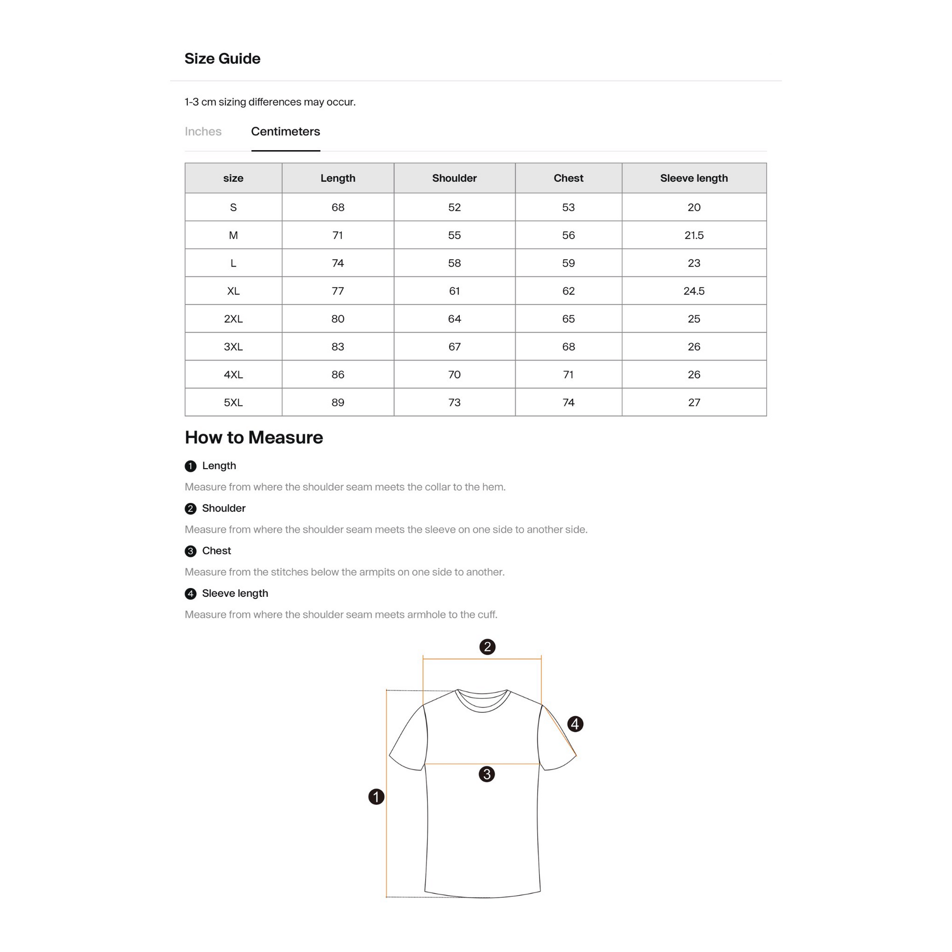 T-shirt size chart and measurement guide.