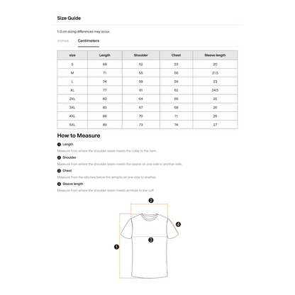 T-shirt size chart and measurement guide.